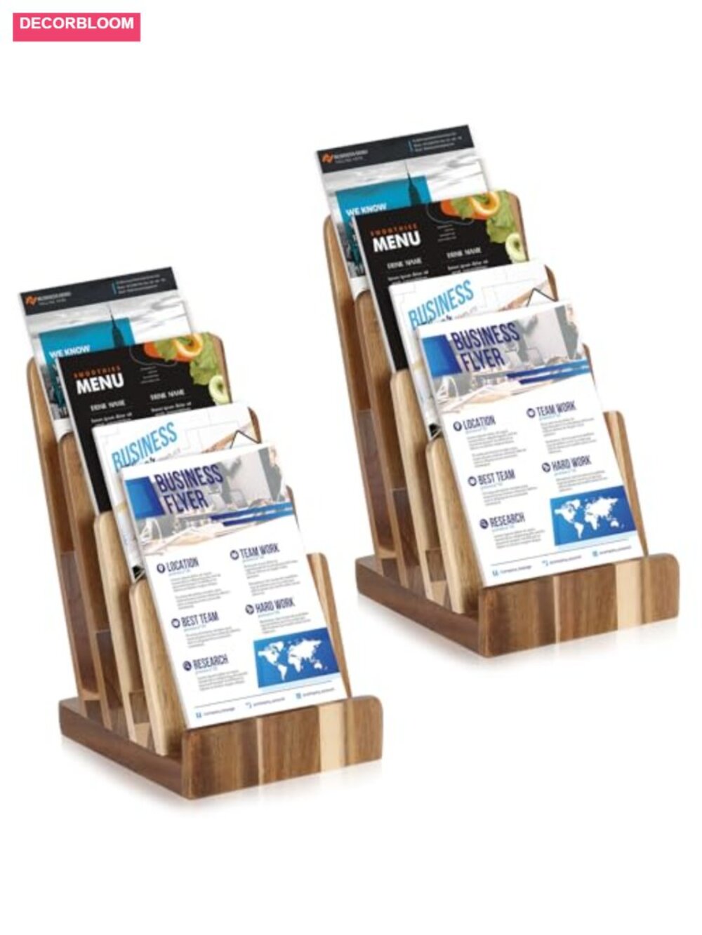 2 Pack 4 Tier Acacia Wood Brochure Holder Stand 6x9 Inch Literature Organizer